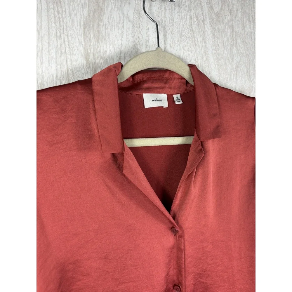 Wilfred Aritzia XS Rust Satin Tie Front Blouse Long Sleeve NWT Chic - Picture 4 of 9